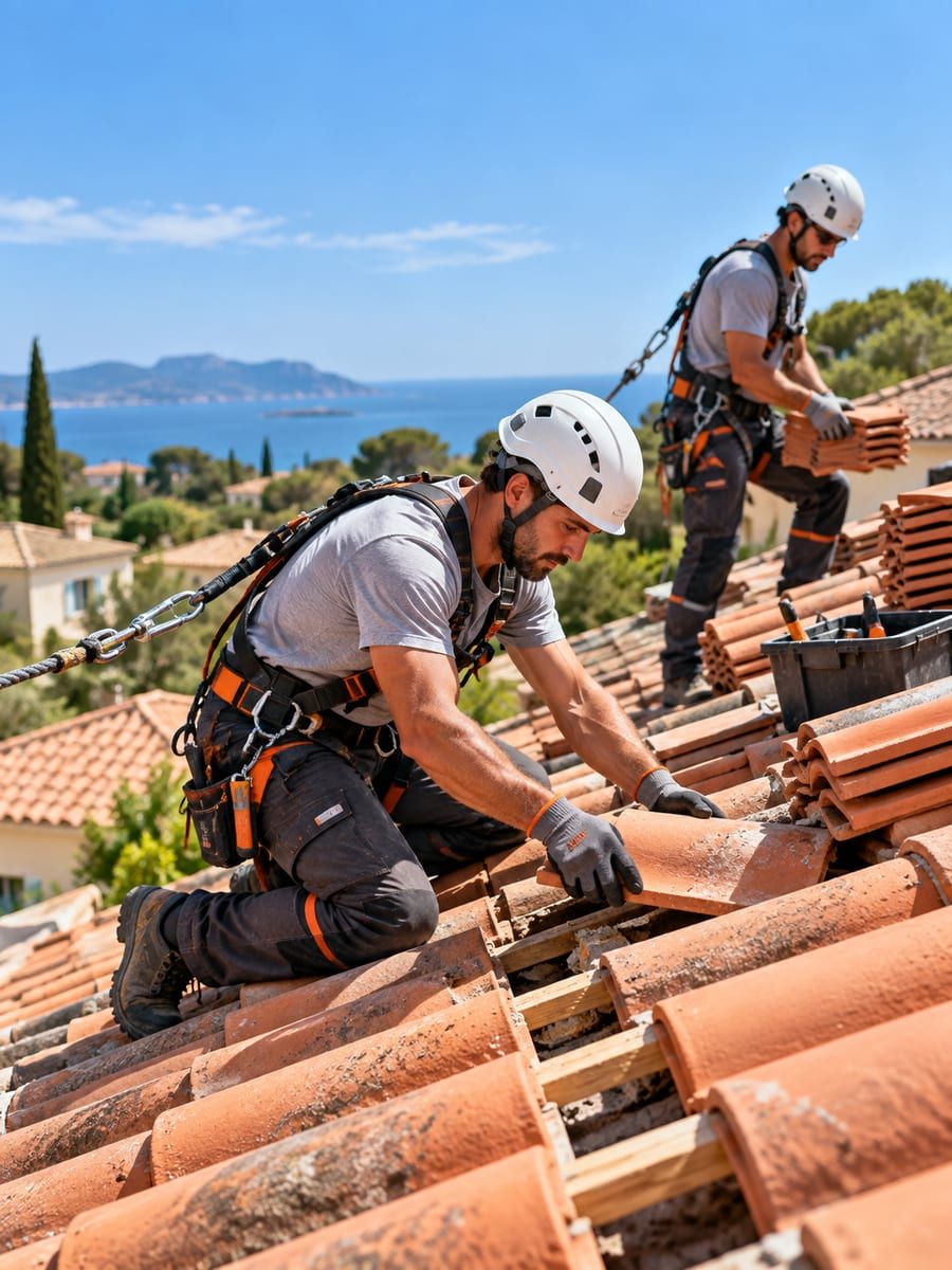 L’équipe au travail sur un toit, avec ses protections